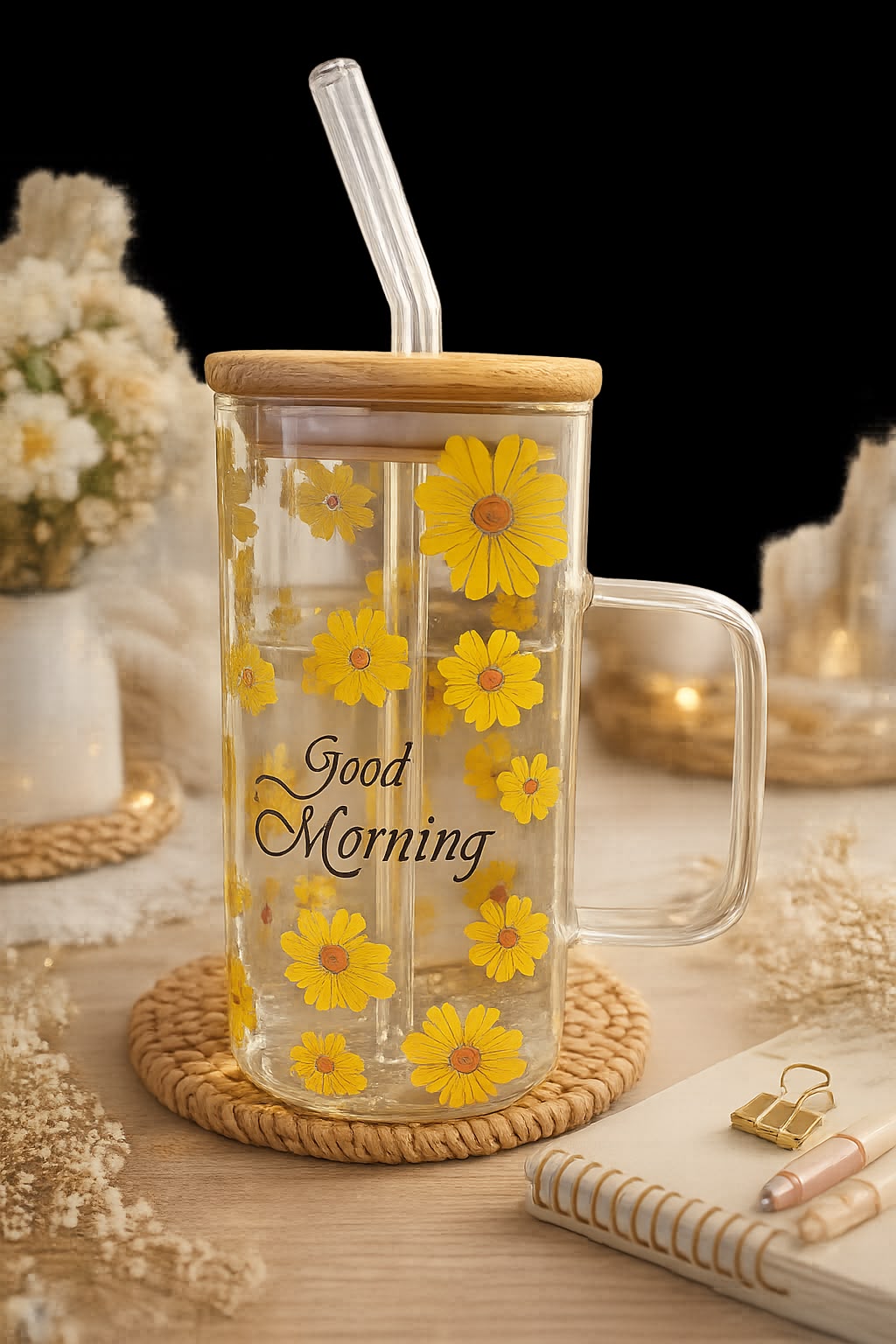 🌼 GOOD MORNING FLORAL GLASS TUMBLER WITH BAMBOO LID & STRAW