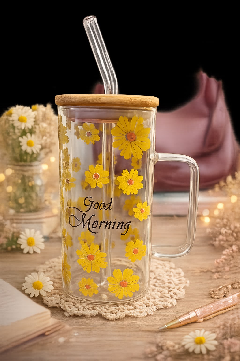 🌼 GOOD MORNING FLORAL GLASS TUMBLER WITH BAMBOO LID & STRAW