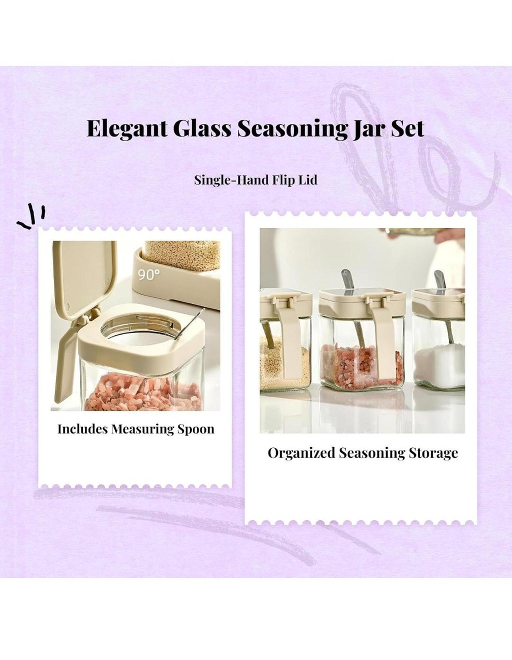 ELEGANT 1-PIECE GLASS SEASONING JAR SET WITH SINGLE-HAND FLIP LIDS AND MEASURING SPOONS