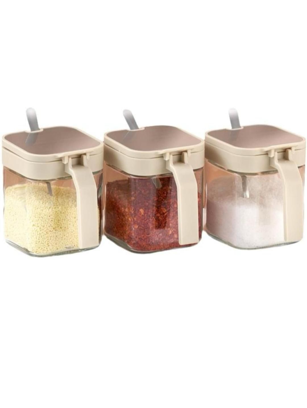 ELEGANT 1-PIECE GLASS SEASONING JAR SET WITH SINGLE-HAND FLIP LIDS AND MEASURING SPOONS