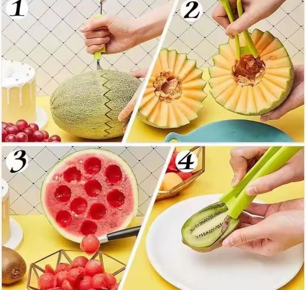 MULTIFUNCTIONAL 4-IN-1 STAINLESS STEEL FRUIT BALL SCOOPER AND CARVING TOOL SET