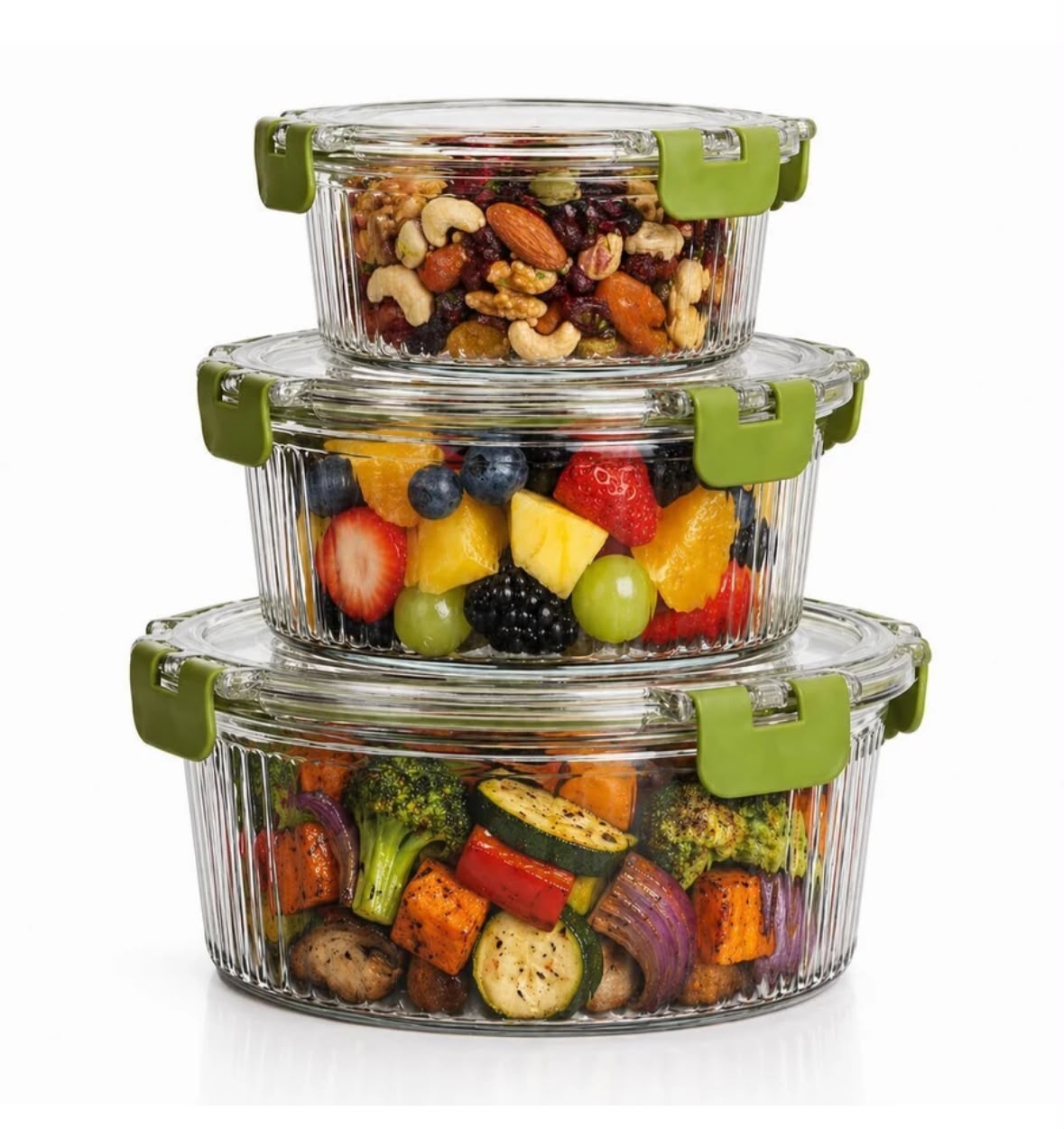 3-PIECE AIRTIGHT GLASS FOOD STORAGE CONTAINER SET WITH LEAKPROOF LOCKING LIDS – ROUND RIBBED NESTING BOWLS FOR MEAL PREP, SALAD, AND FRUIT