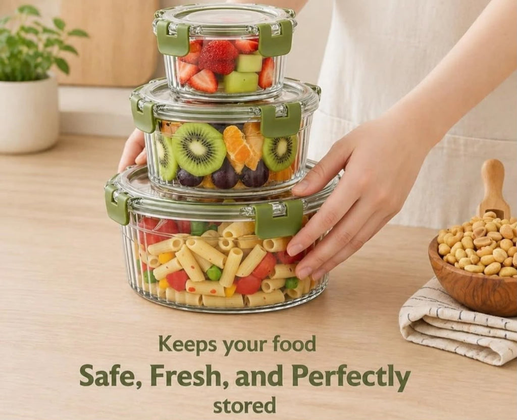 3-PIECE AIRTIGHT GLASS FOOD STORAGE CONTAINER SET WITH LEAKPROOF LOCKING LIDS – ROUND RIBBED NESTING BOWLS FOR MEAL PREP, SALAD, AND FRUIT