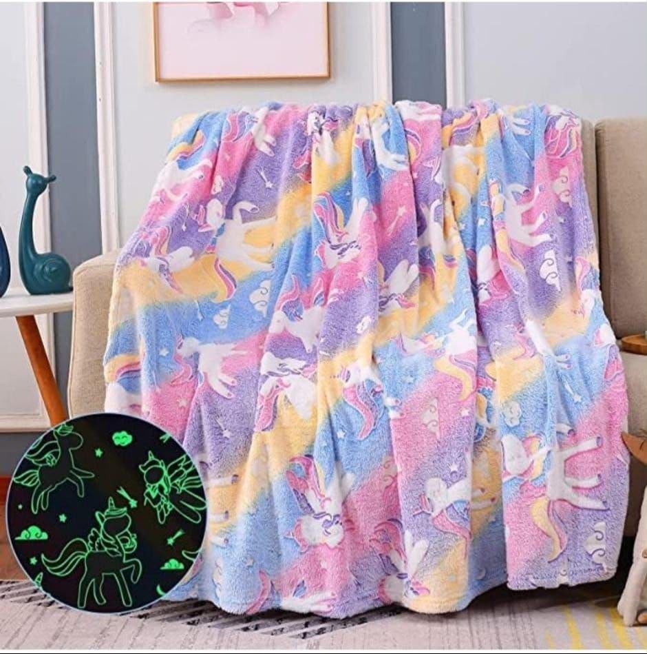 PREMIUM GLOW IN THE DARK UNICORN BLANKET - ULTRA SOFT RAINBOW FLANNEL FLEECE THROW FOR KIDS, PERFECT FOR COZY NIGHTS AND BEDROOM DECOR