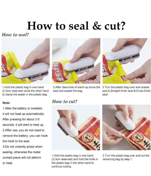 2-IN-1 PORTABLE MINI BAG SEALER AND CUTTER – HANDHELD HEAT SEALER FOR FOOD STORAGE, PLASTIC BAG RESEALER, AND KITCHEN GADGET