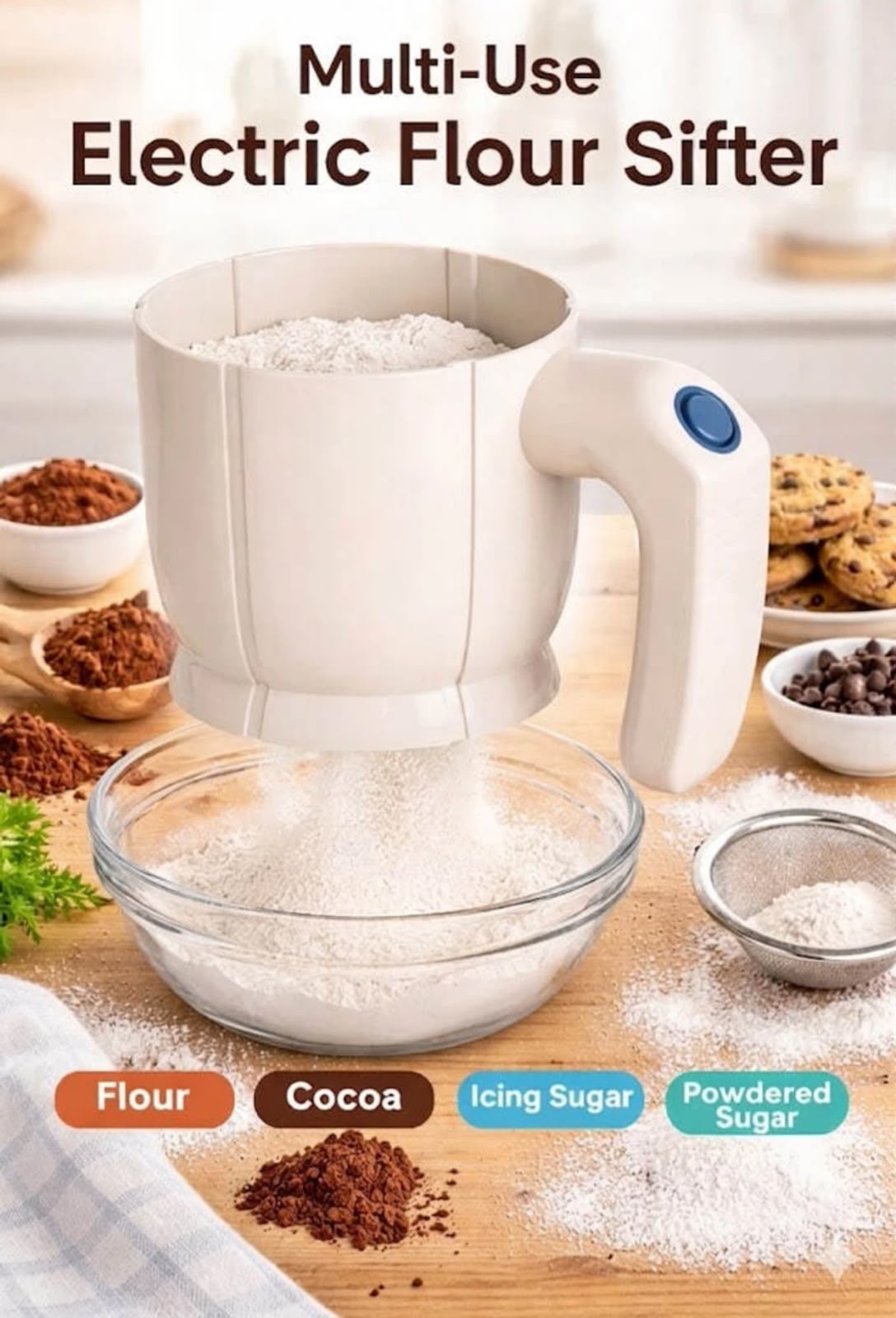 ELECTRIC HANDHELD FLOUR SIFTER – CORDLESS AUTOMATIC BAKING SIFTER WITH FINE MESH FILTER FOR SMOOTHER BATTER, CAKES, AND PASTRY MAKING