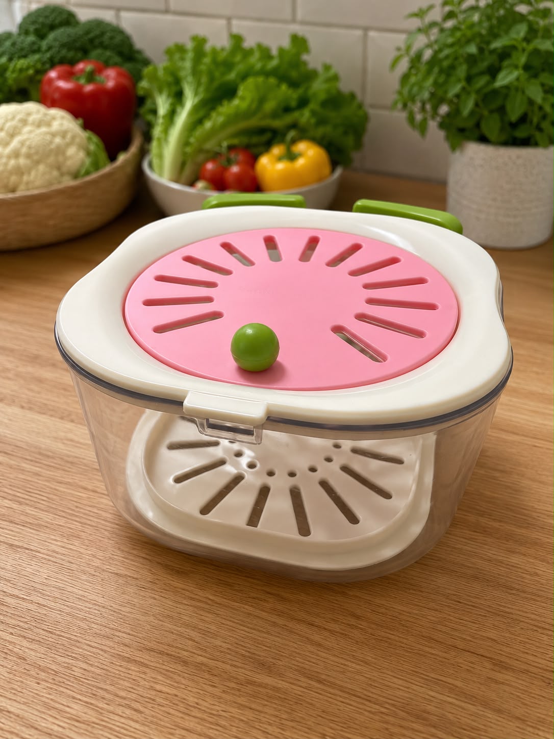 Multi-Functional Fruit & Vegetable Spinner Saver – Clear Salad Spinner, Colander, and Fresh Produce Storage Container