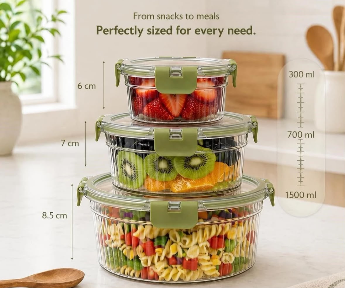 3-PIECE AIRTIGHT GLASS FOOD STORAGE CONTAINER SET WITH LEAKPROOF LOCKING LIDS – ROUND RIBBED NESTING BOWLS FOR MEAL PREP, SALAD, AND FRUIT