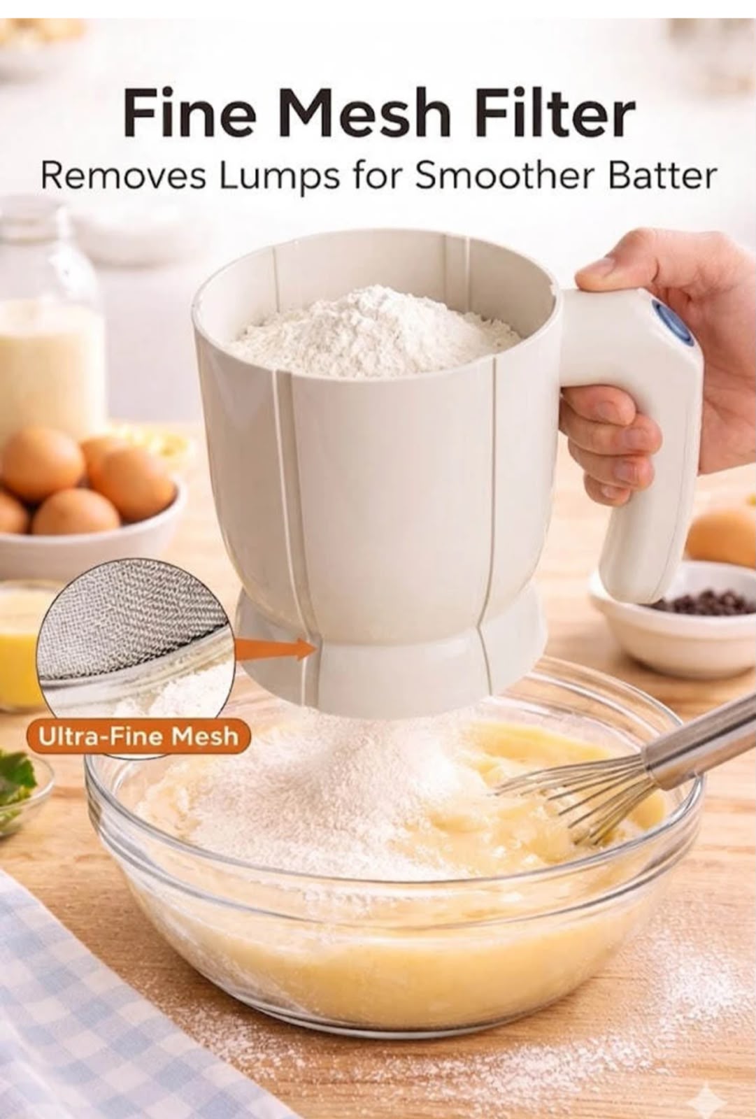 ELECTRIC HANDHELD FLOUR SIFTER – CORDLESS AUTOMATIC BAKING SIFTER WITH FINE MESH FILTER FOR SMOOTHER BATTER, CAKES, AND PASTRY MAKING
