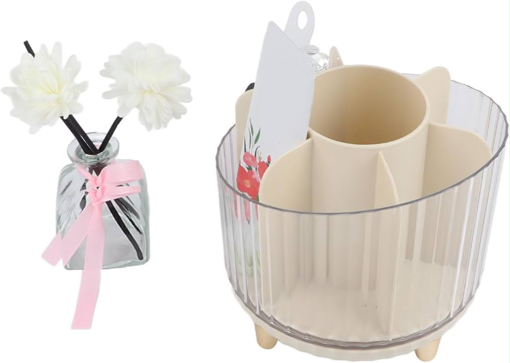 MUMUSO 360° ROTATING MAKEUP ORGANIZER AND DESK TIDY – 7-COMPARTMENT MULTIFUNCTIONAL COSMETIC HOLDER WITH LUXURIOUS STRIPE DESIGN AND ELEVATED FEET