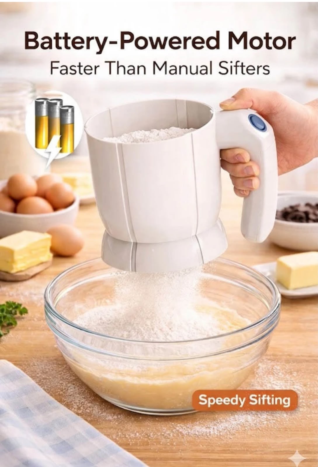 ELECTRIC HANDHELD FLOUR SIFTER – CORDLESS AUTOMATIC BAKING SIFTER WITH FINE MESH FILTER FOR SMOOTHER BATTER, CAKES, AND PASTRY MAKING
