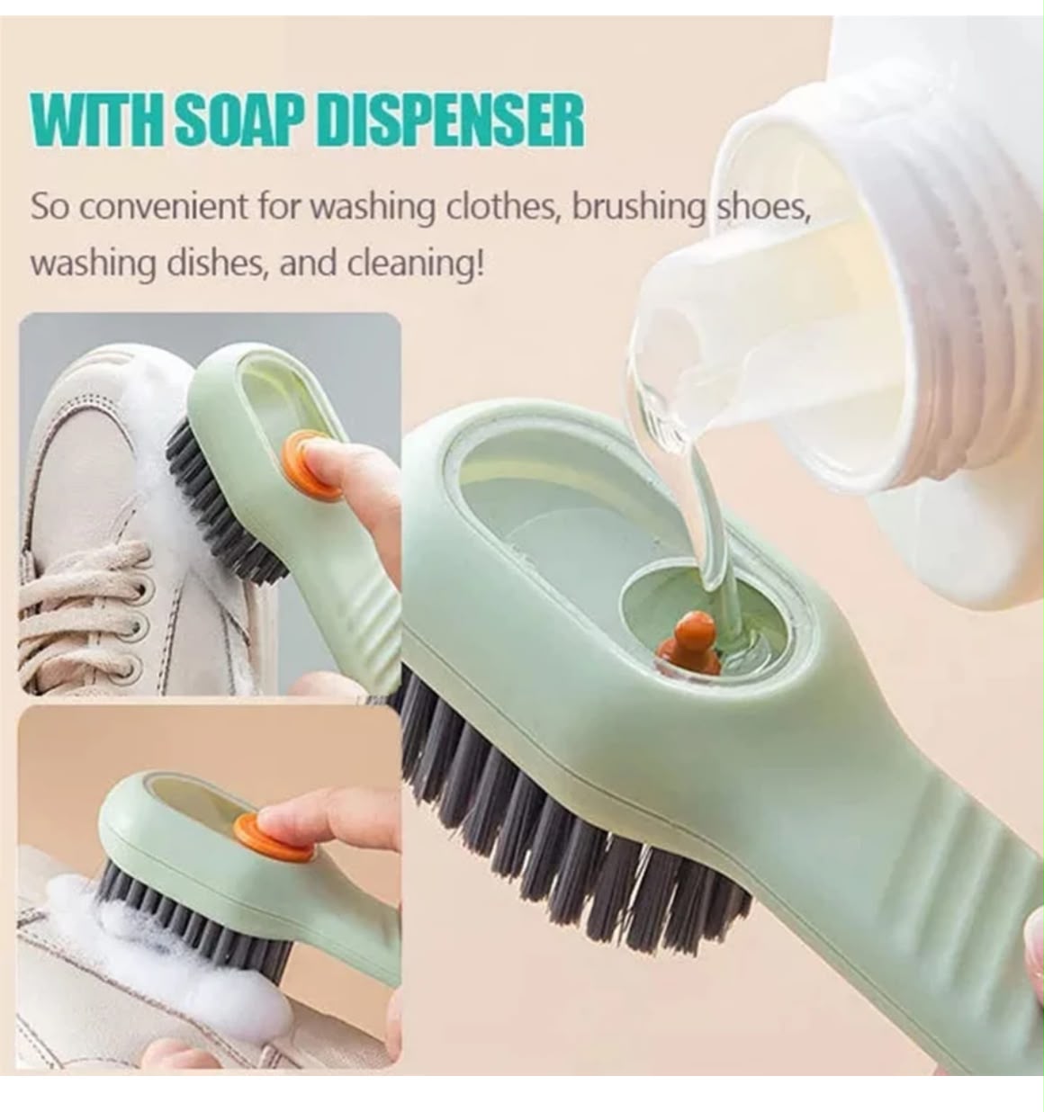 MULTIFUNCTIONAL LIQUID DISPENSING SHOE CLEANING BRUSH – ERGONOMIC SOFT-BRISTLE SCRUBBER FOR SHOES, CLOTHES, AND HOUSEHOLD CLEANING