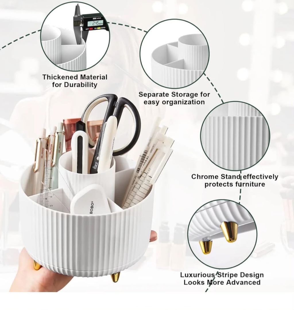 MUMUSO 360° ROTATING MAKEUP ORGANIZER AND DESK TIDY – 7-COMPARTMENT MULTIFUNCTIONAL COSMETIC HOLDER WITH LUXURIOUS STRIPE DESIGN AND ELEVATED FEET