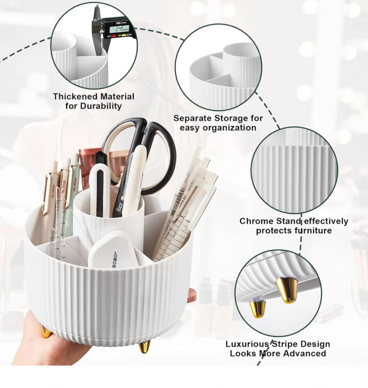 MUMUSO 360° ROTATING MAKEUP ORGANIZER AND DESK TIDY – 7-COMPARTMENT MULTIFUNCTIONAL COSMETIC HOLDER WITH LUXURIOUS STRIPE DESIGN AND ELEVATED FEET