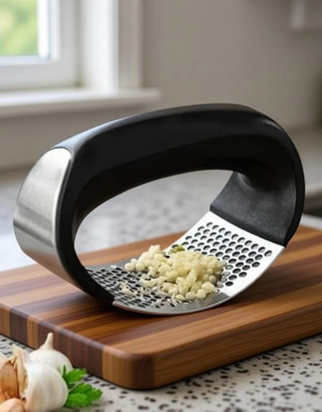 PREMIUM STAINLESS STEEL GARLIC PRESS ROCKER – ERGONOMIC HANDHELD GARLIC CRUSHER AND MINCER KITCHEN TOOL