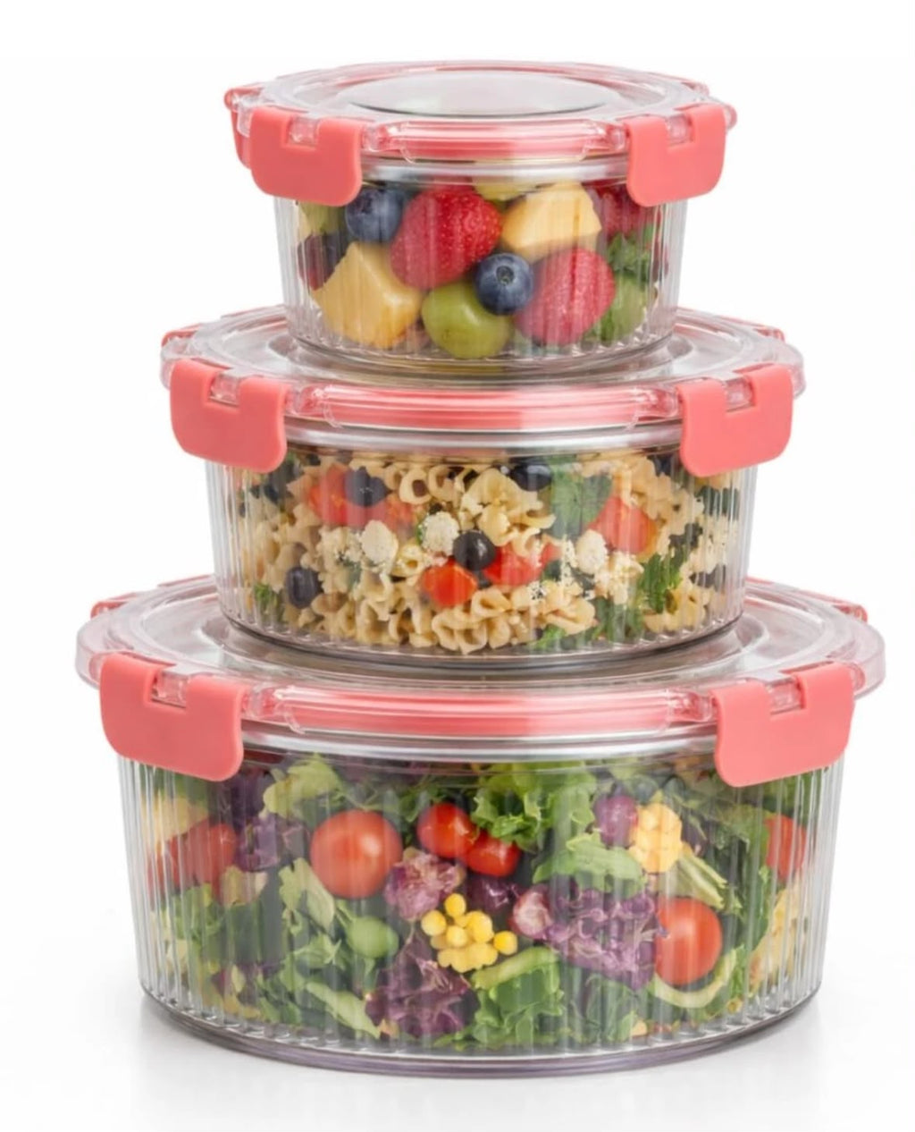 3-PIECE AIRTIGHT GLASS FOOD STORAGE CONTAINER SET WITH LEAKPROOF LOCKING LIDS – ROUND RIBBED NESTING BOWLS FOR MEAL PREP, SALAD, AND FRUIT