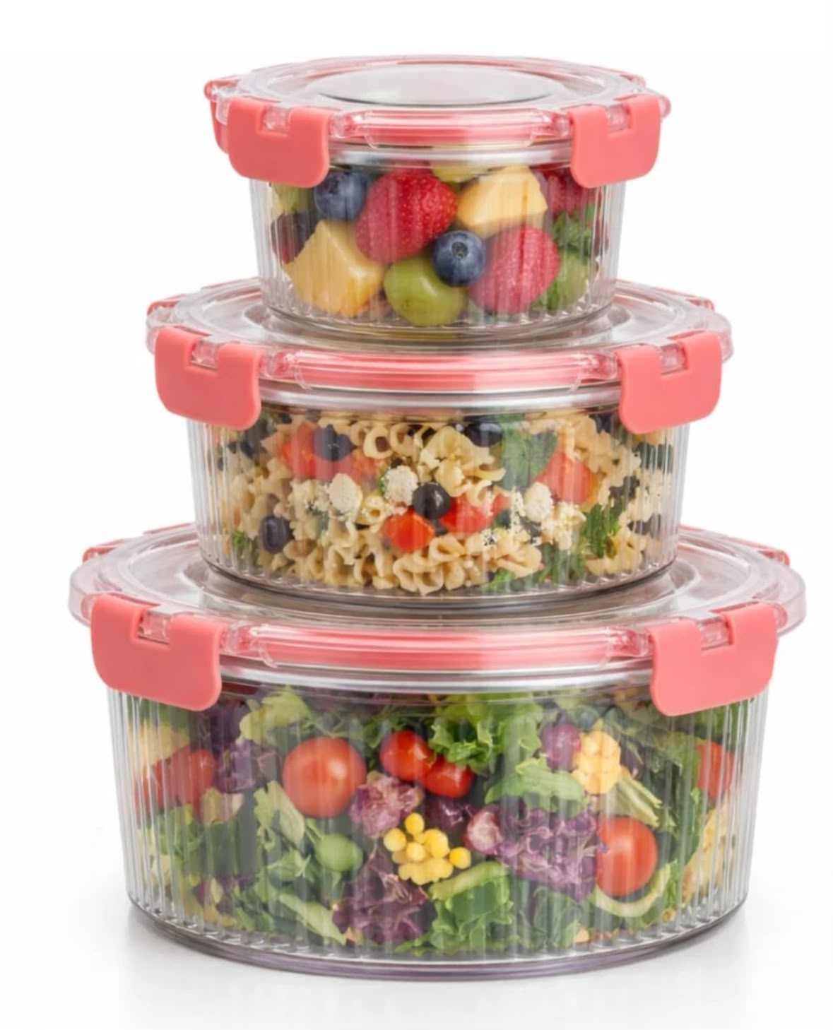 3-PIECE AIRTIGHT GLASS FOOD STORAGE CONTAINER SET WITH LEAKPROOF LOCKING LIDS – ROUND RIBBED NESTING BOWLS FOR MEAL PREP, SALAD, AND FRUIT
