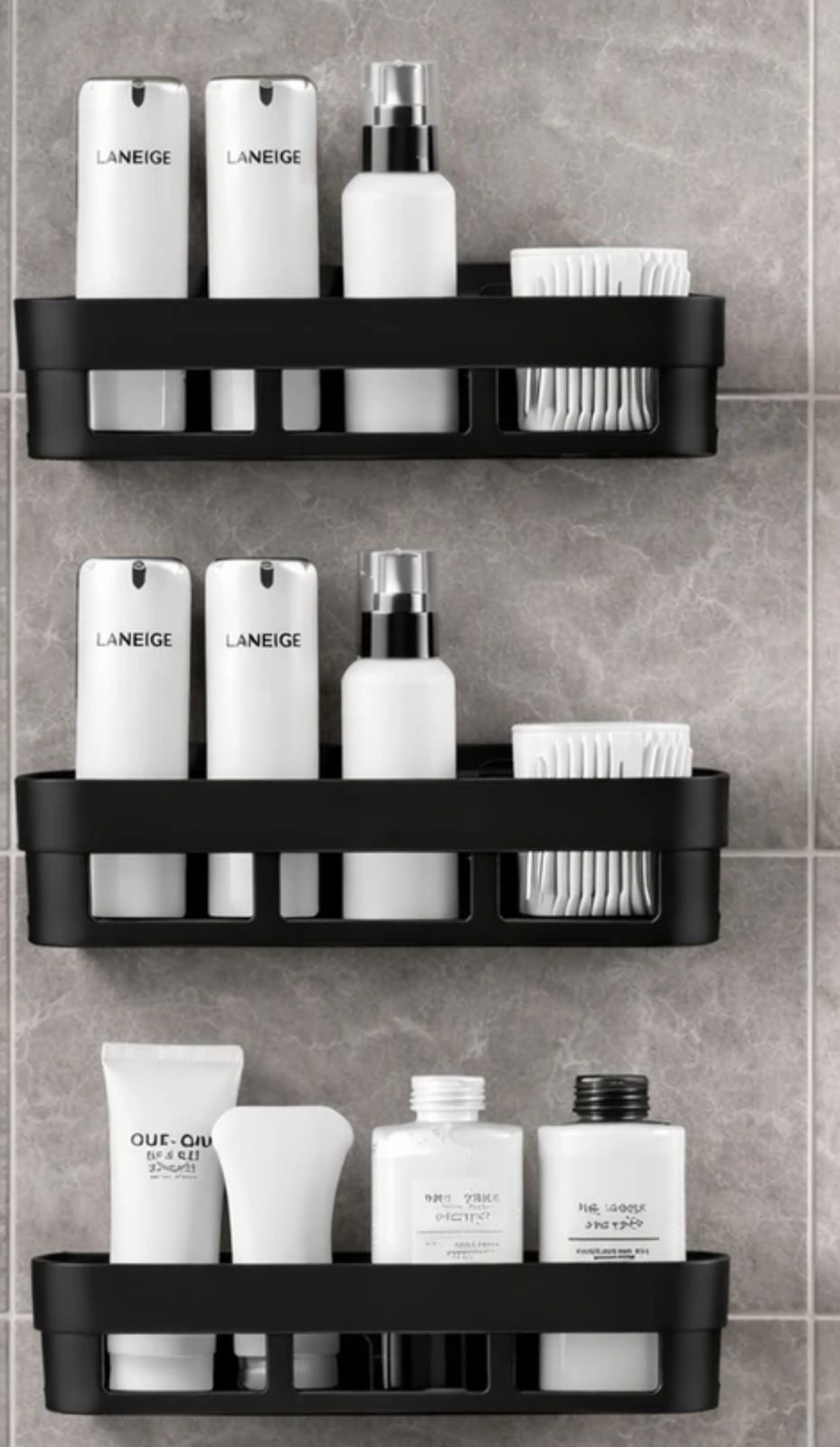 PREMIUM MATTE BLACK WALL-MOUNTED SHOWER CADDY – DRILL-FREE BATHROOM STORAGE ORGANIZER RACK WITH SELF-DRAINING DESIGN